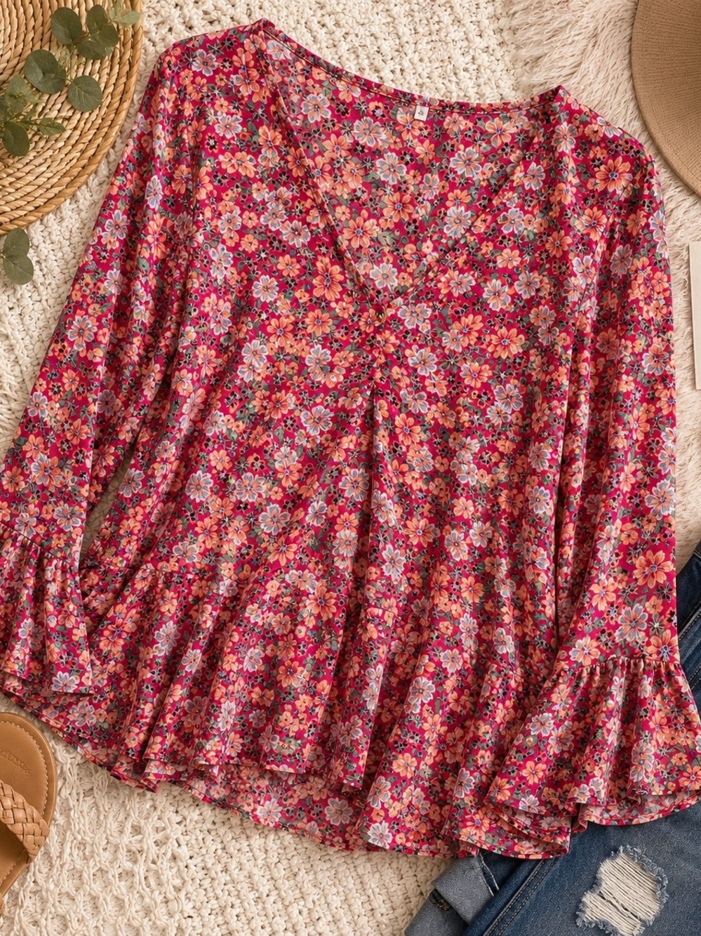 Boho Floral Bell Sleeve Top Plus Size 1X Pink Coral